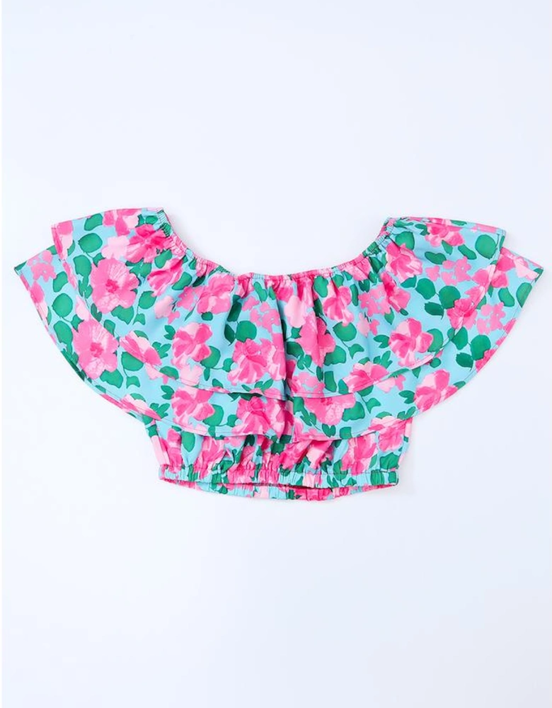 Rose Floral Off-Shoulder Tiered Ruffle Blouse