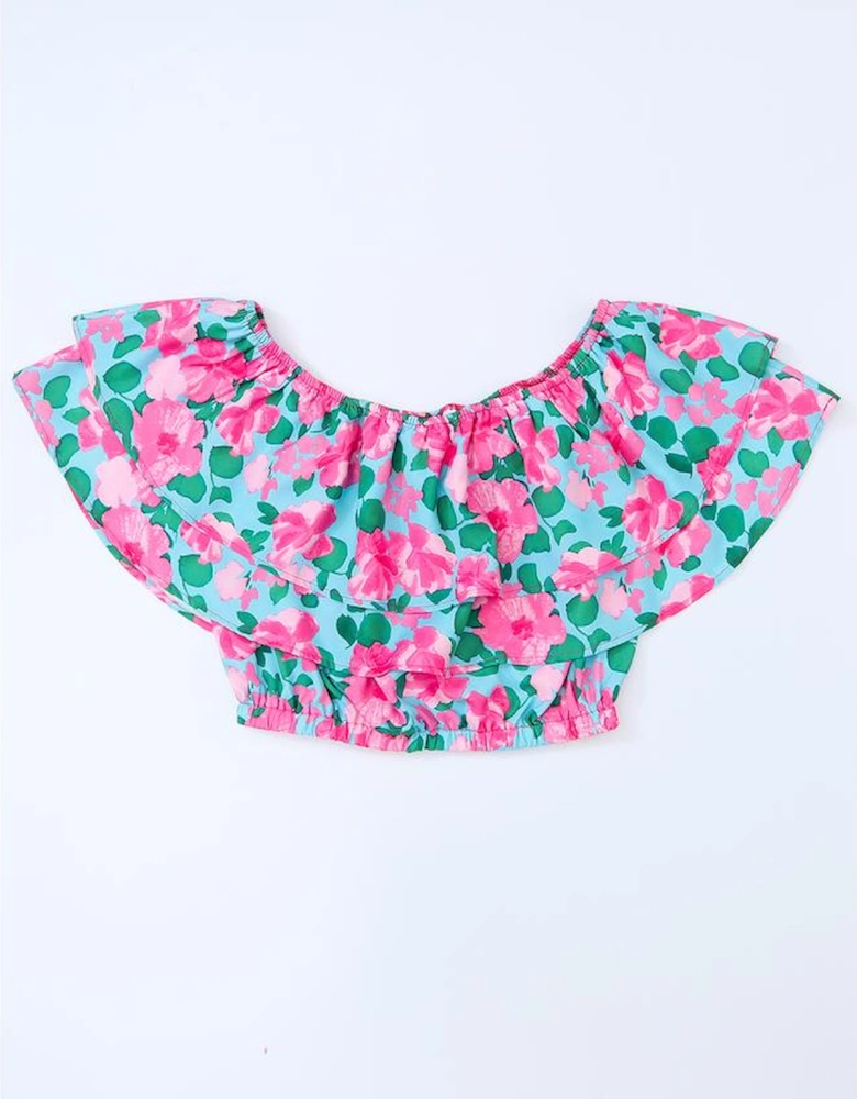 Rose Floral Off-Shoulder Tiered Ruffle Blouse