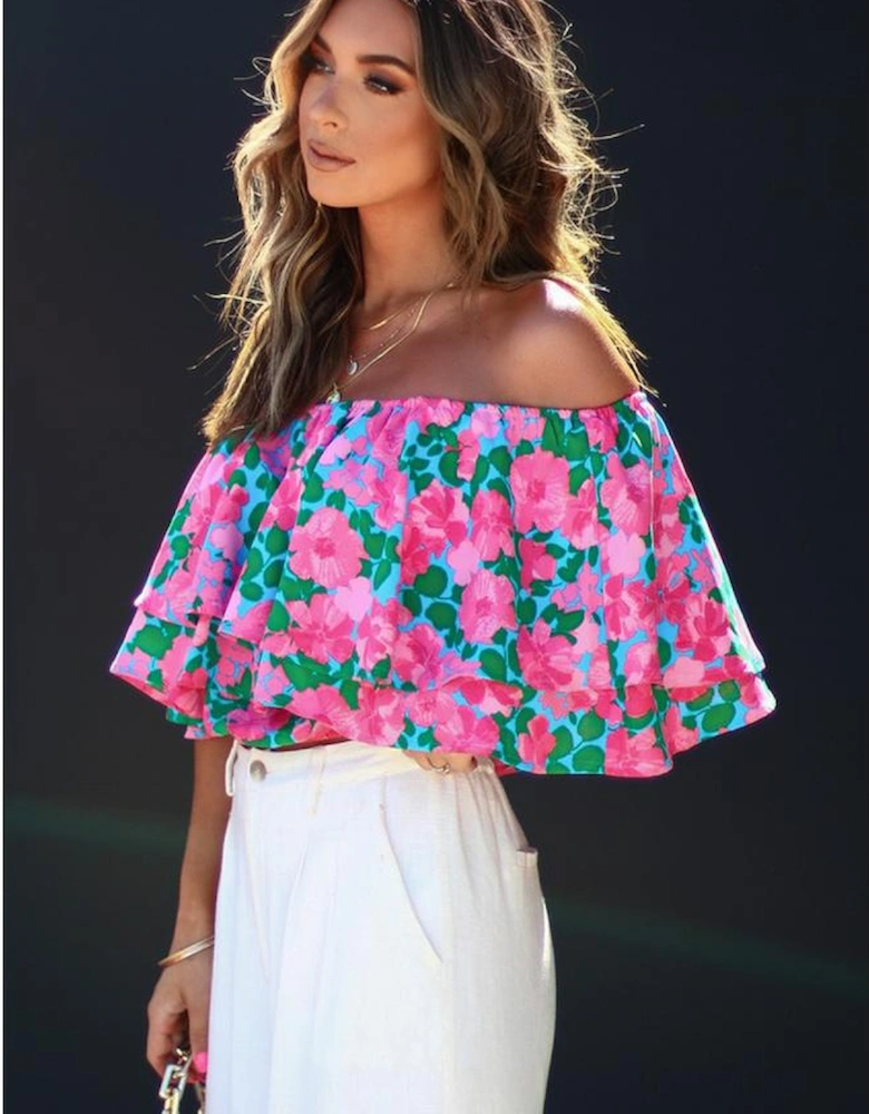 Rose Floral Off-Shoulder Tiered Ruffle Blouse