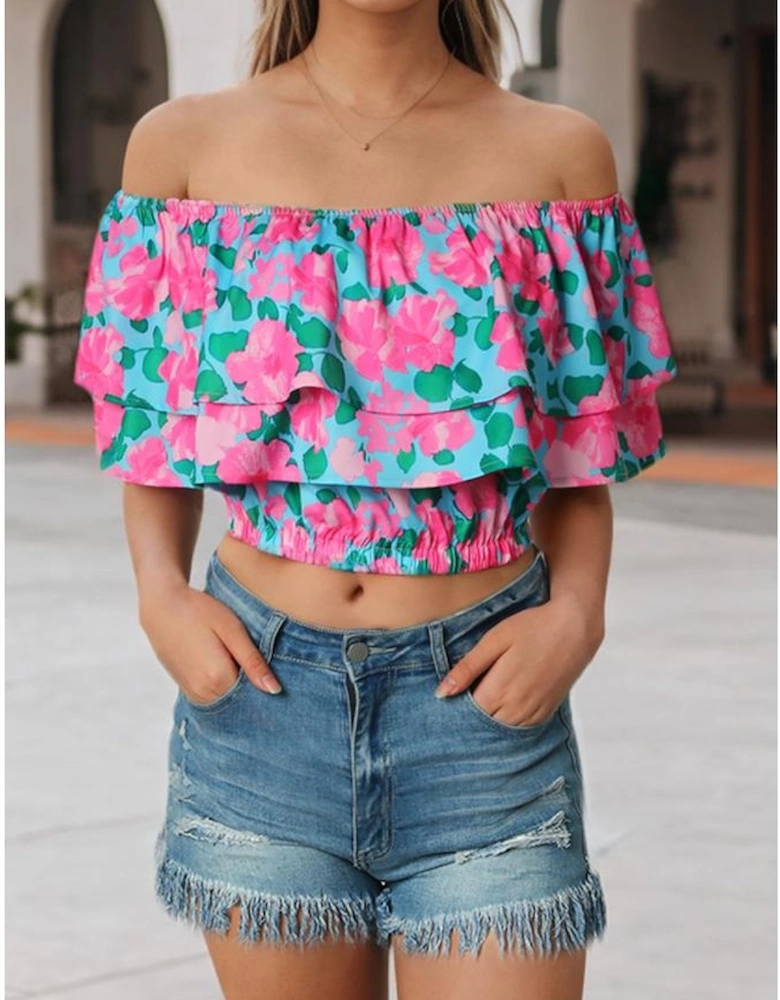 Rose Floral Off-Shoulder Tiered Ruffle Blouse