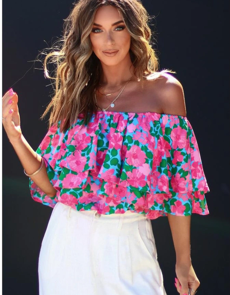 Rose Floral Off-Shoulder Tiered Ruffle Blouse