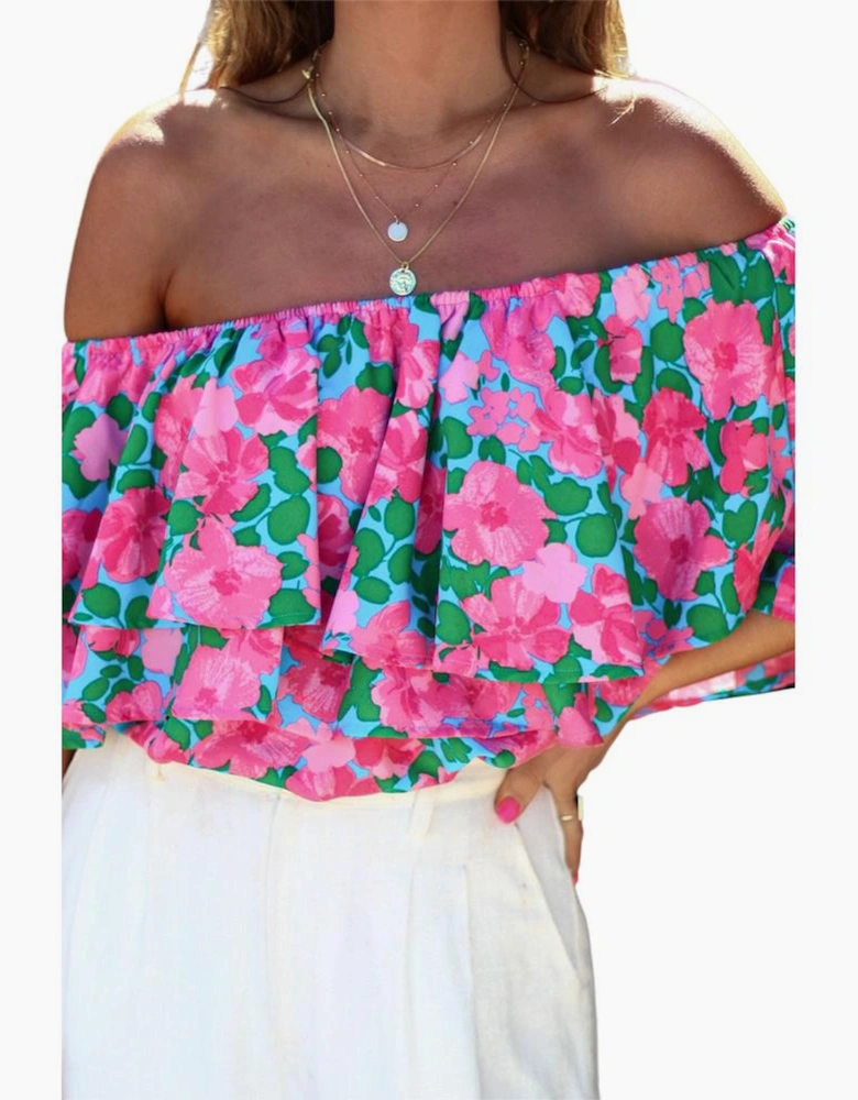 Rose Floral Off-Shoulder Tiered Ruffle Blouse