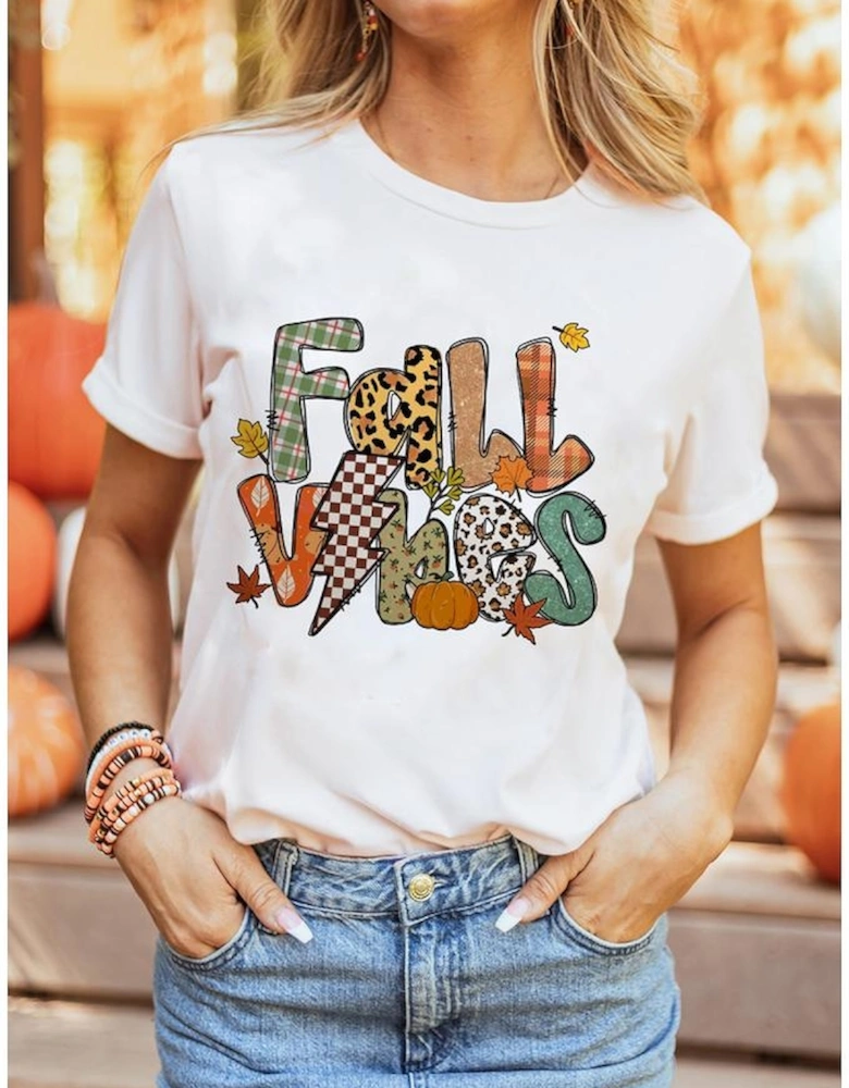 White FALL VIBES Cotton Blend Casual T Shirt
