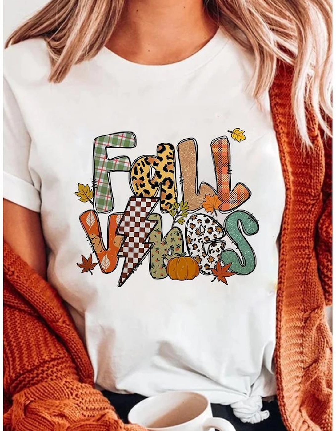 White FALL VIBES Cotton Blend Casual T Shirt