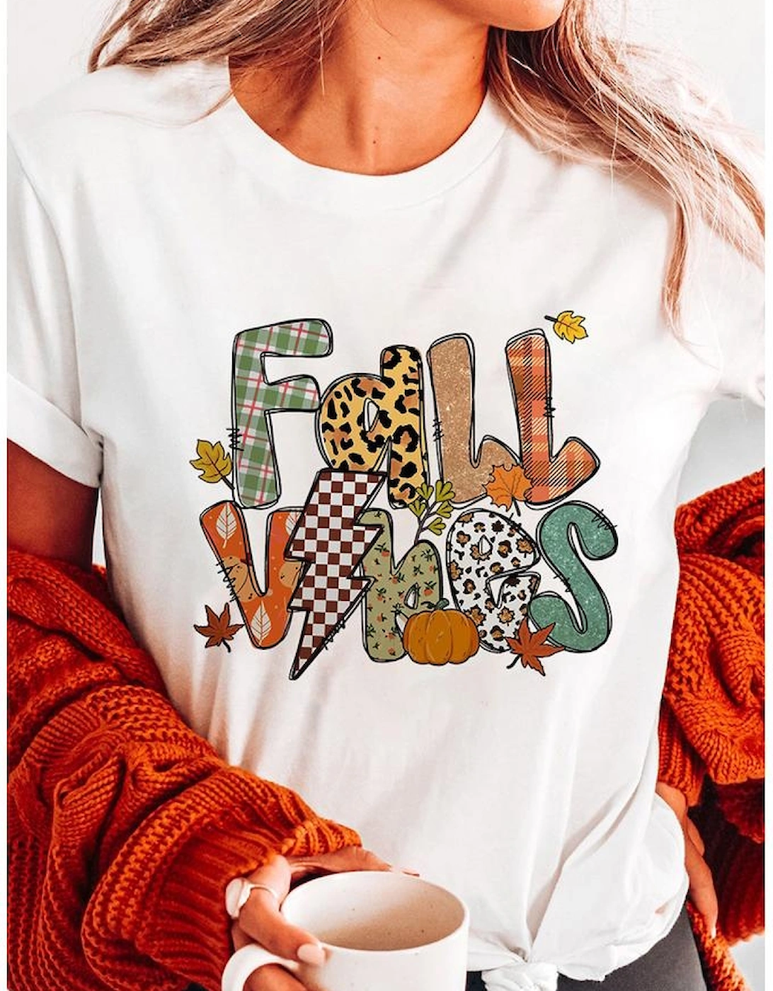 White FALL VIBES Cotton Blend Casual T Shirt