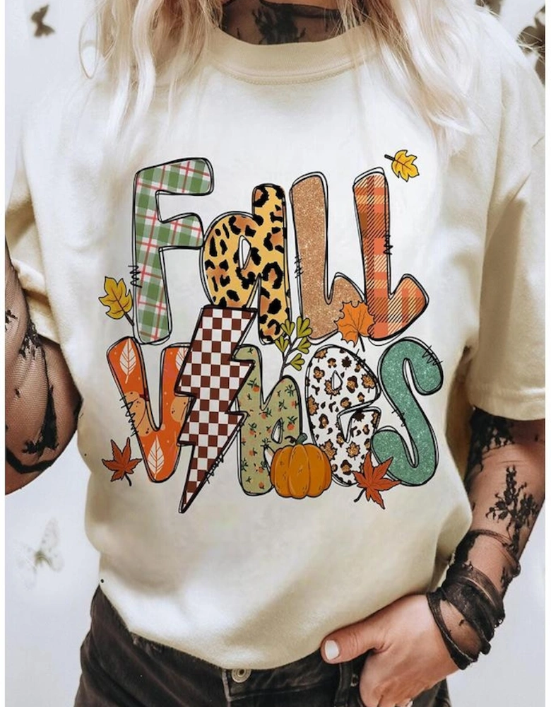 White FALL VIBES Cotton Blend Casual T Shirt