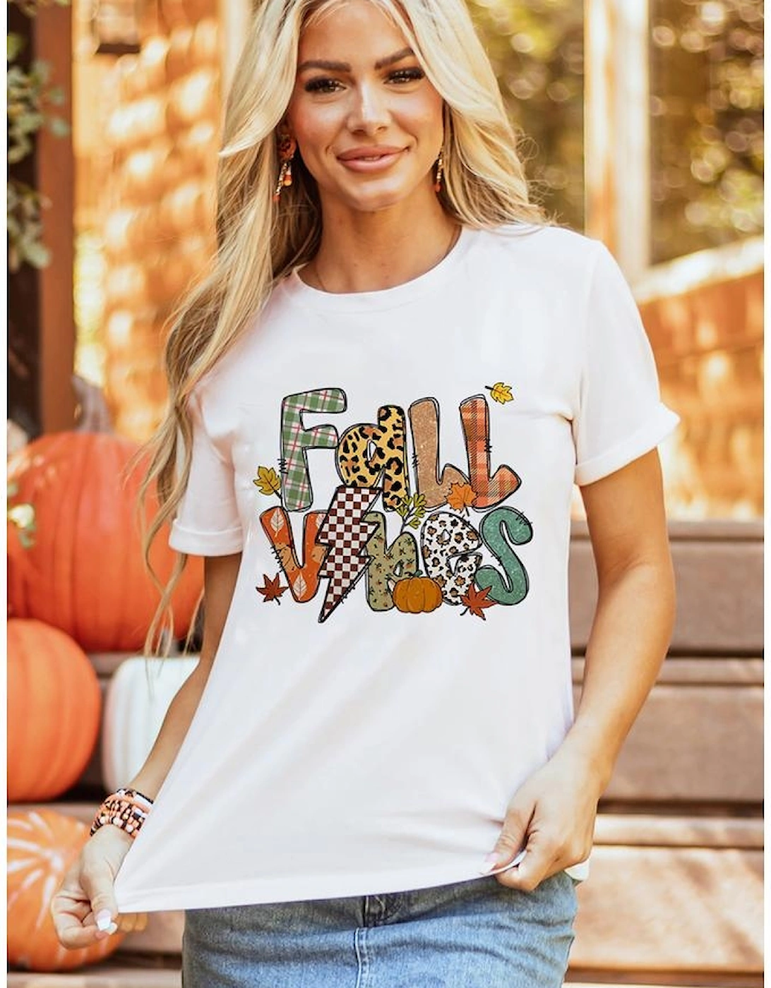 White FALL VIBES Cotton Blend Casual T Shirt