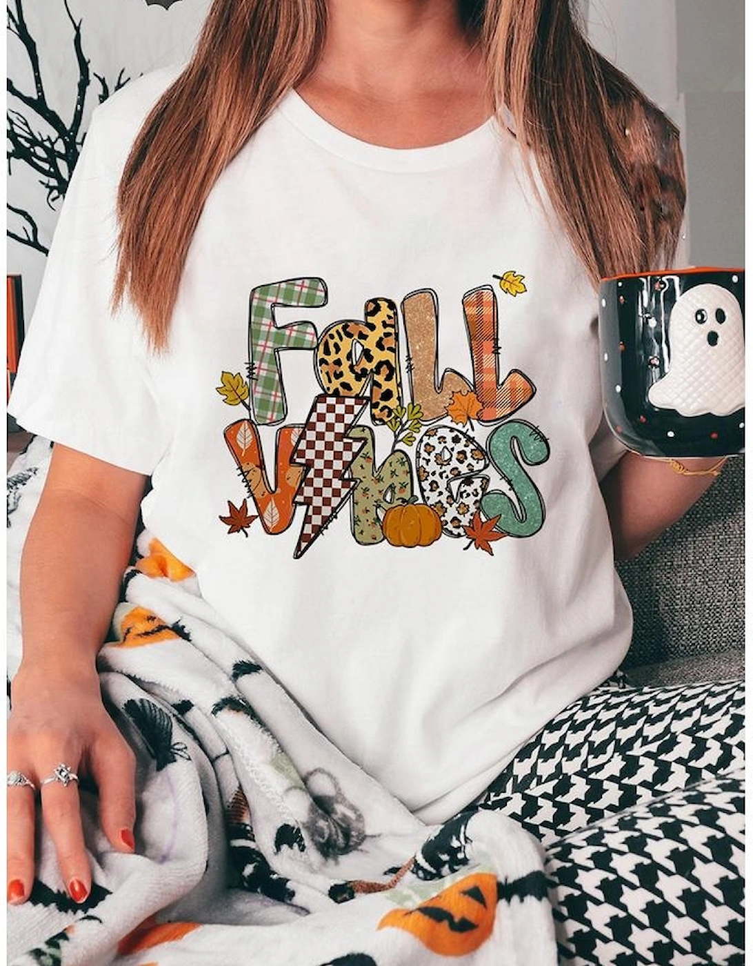 White FALL VIBES Cotton Blend Casual T Shirt