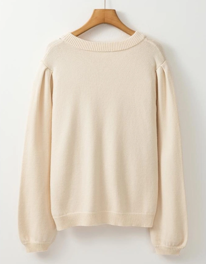 Apricot Pleated Sleeve Hollow Detail Button Sweater Cardigan