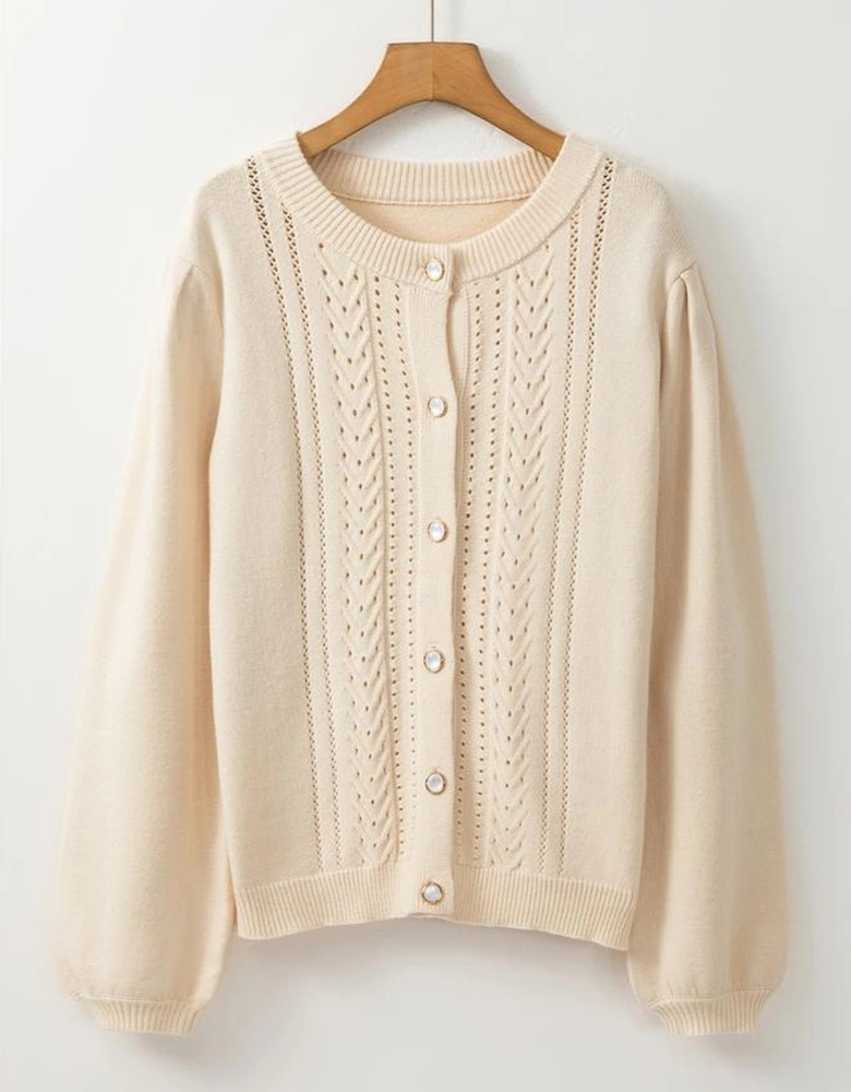 Apricot Pleated Sleeve Hollow Detail Button Sweater Cardigan