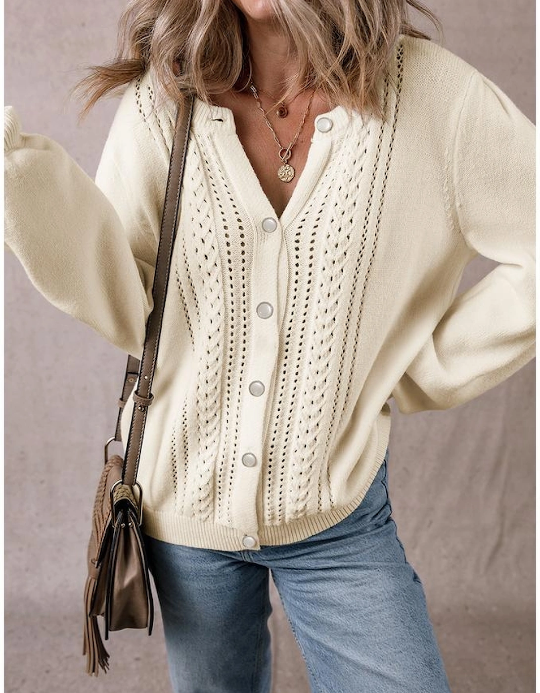 Apricot Pleated Sleeve Hollow Detail Button Sweater Cardigan