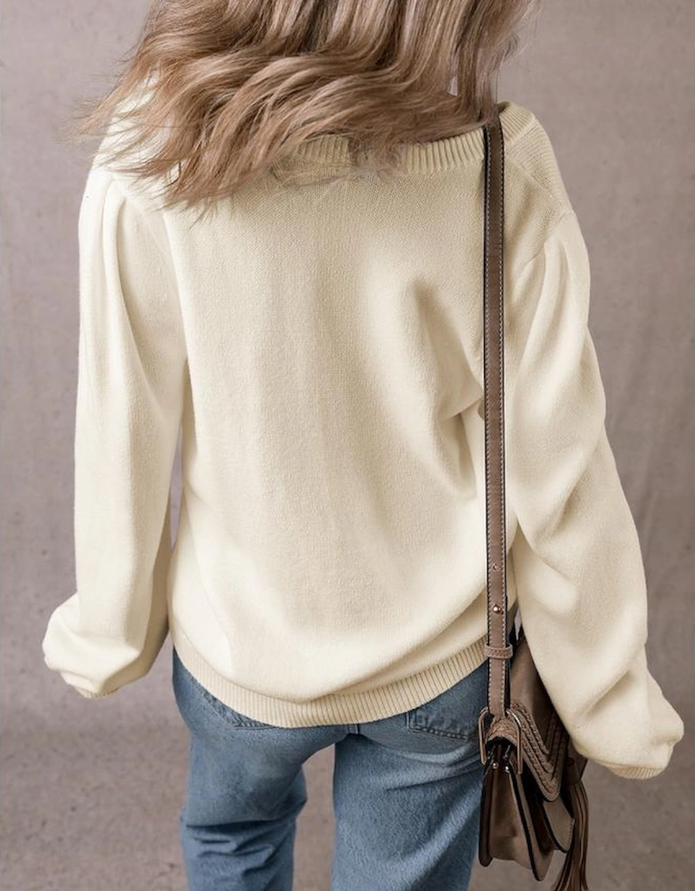 Apricot Pleated Sleeve Hollow Detail Button Sweater Cardigan