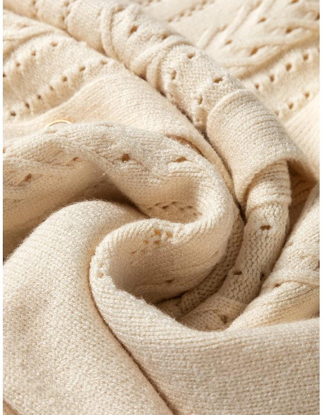 Apricot Pleated Sleeve Hollow Detail Button Sweater Cardigan