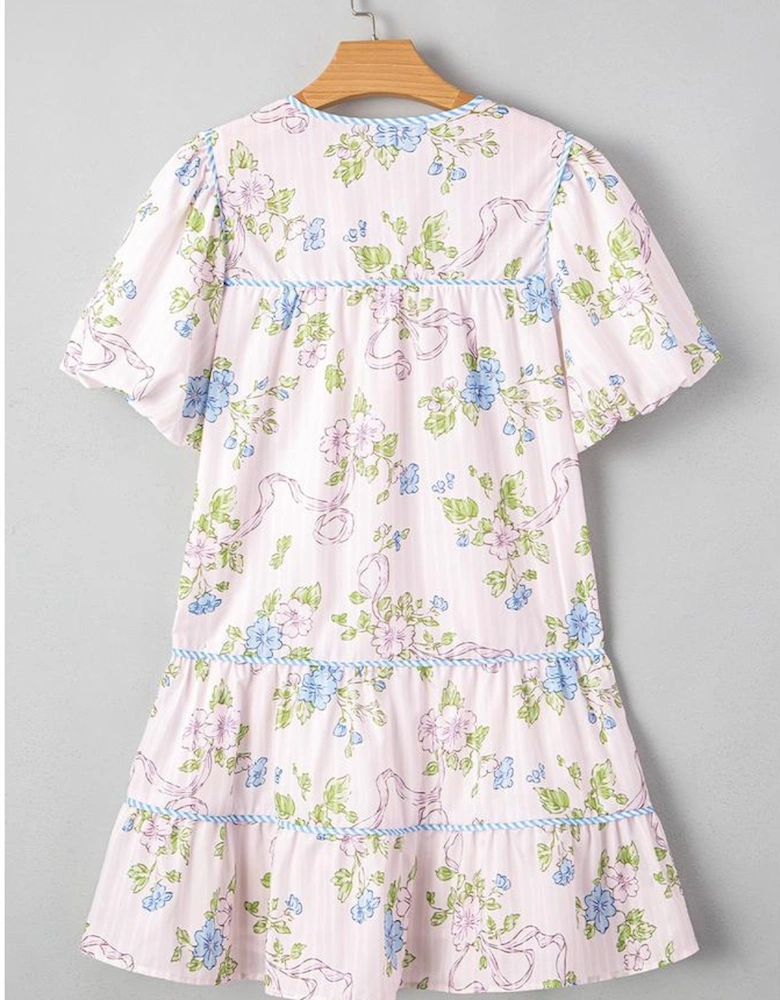 Pink Floral Striped Print Contrast Trim Tie Split Neck Mini Dress