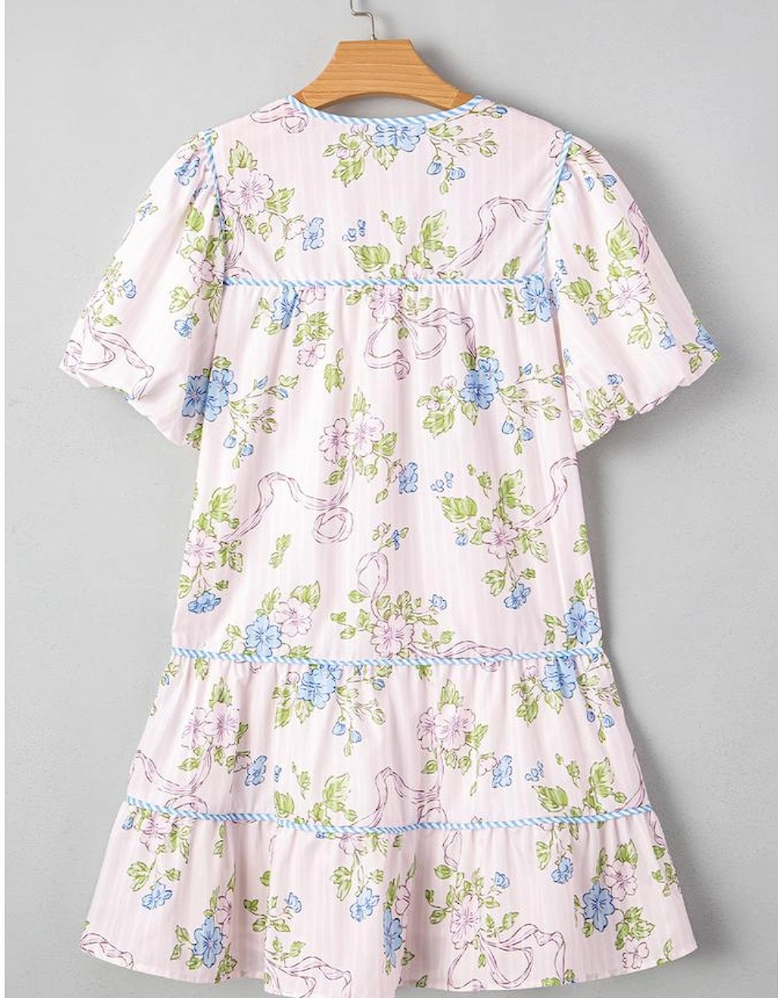 Pink Floral Striped Print Contrast Trim Tie Split Neck Mini Dress