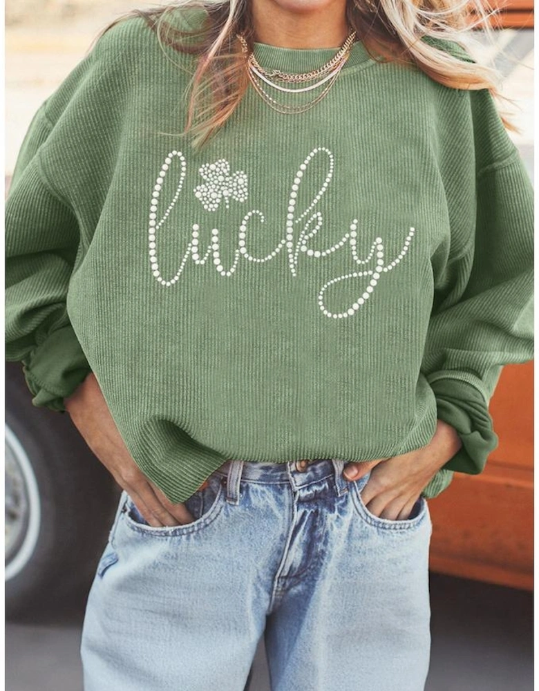 Grass Green Rhinestone lucky Clover Graphic Ribbed St Patrick Sweatshirt