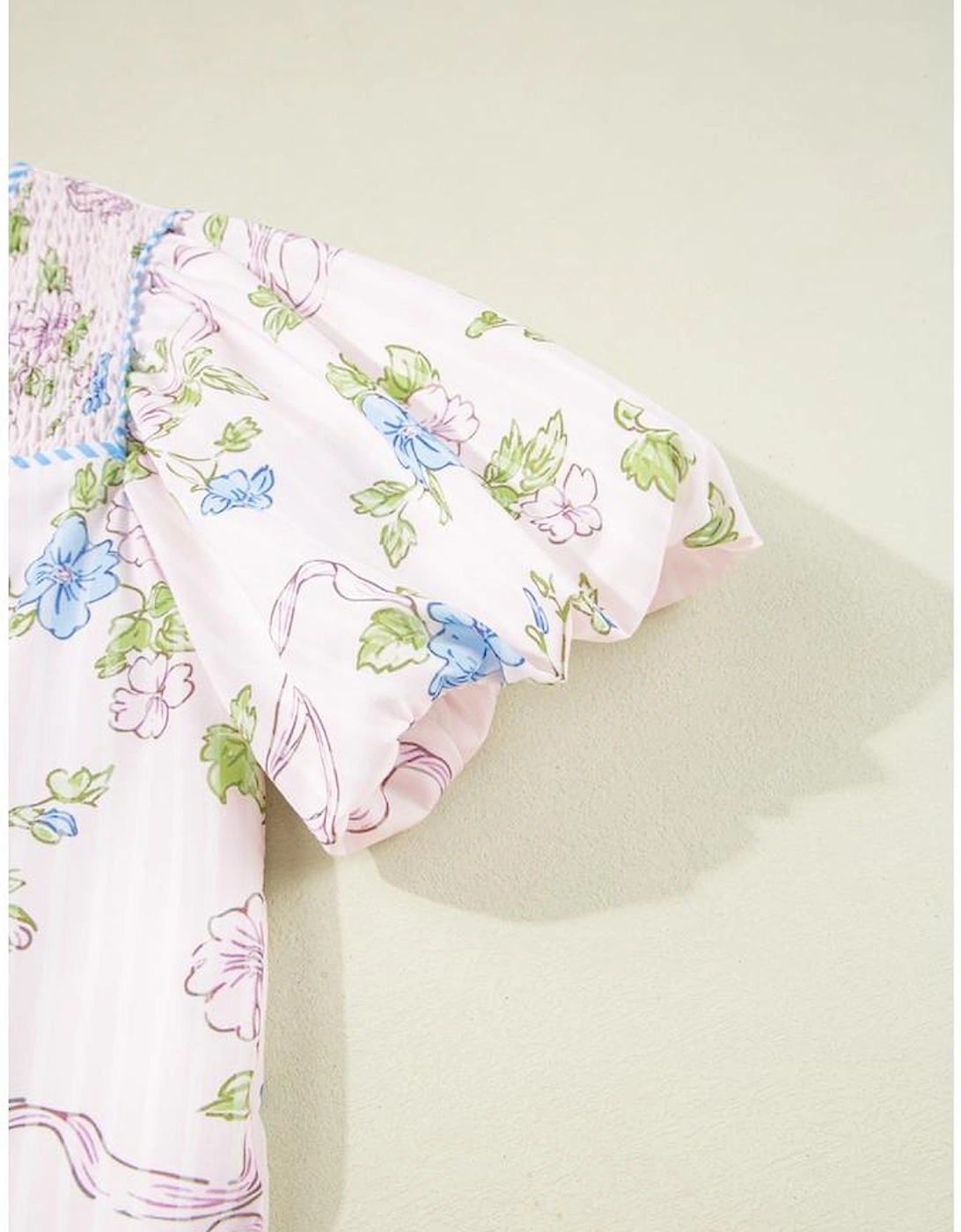 Pink Floral Striped Print Contrast Trim Tie Split Neck Mini Dress