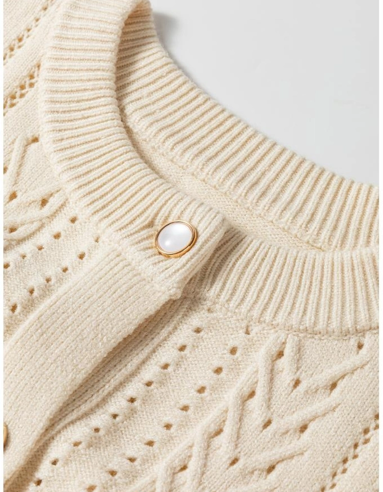 Apricot Pleated Sleeve Hollow Detail Button Sweater Cardigan