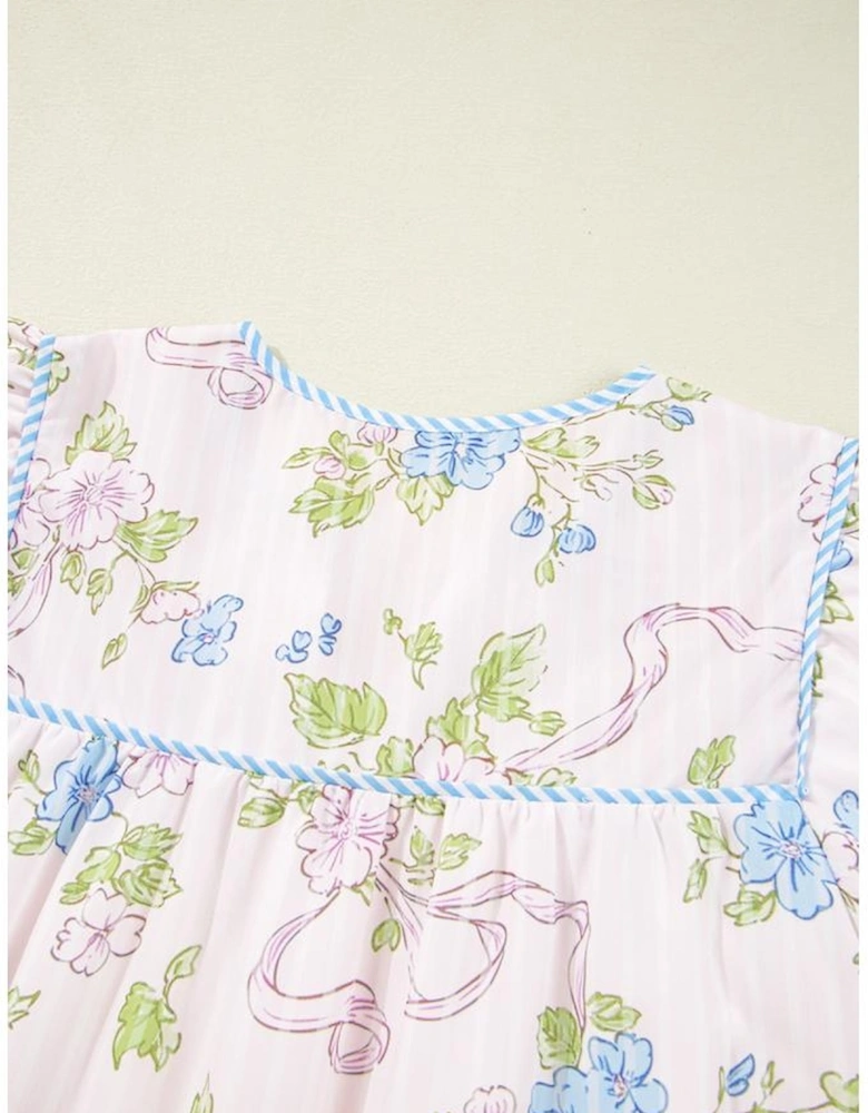 Pink Floral Striped Print Contrast Trim Tie Split Neck Mini Dress