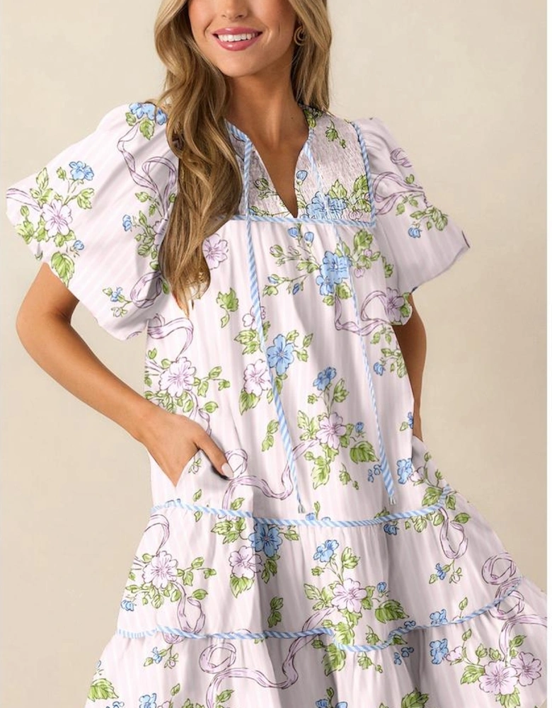 Pink Floral Striped Print Contrast Trim Tie Split Neck Mini Dress