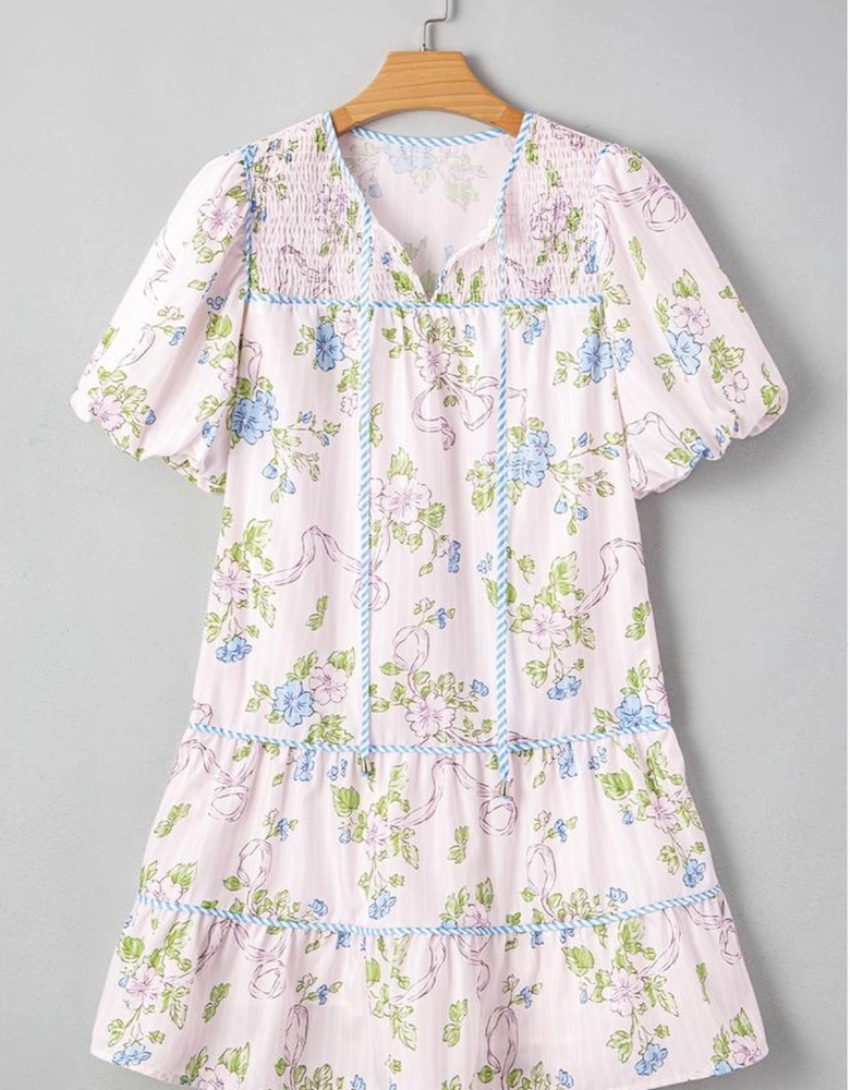 Pink Floral Striped Print Contrast Trim Tie Split Neck Mini Dress