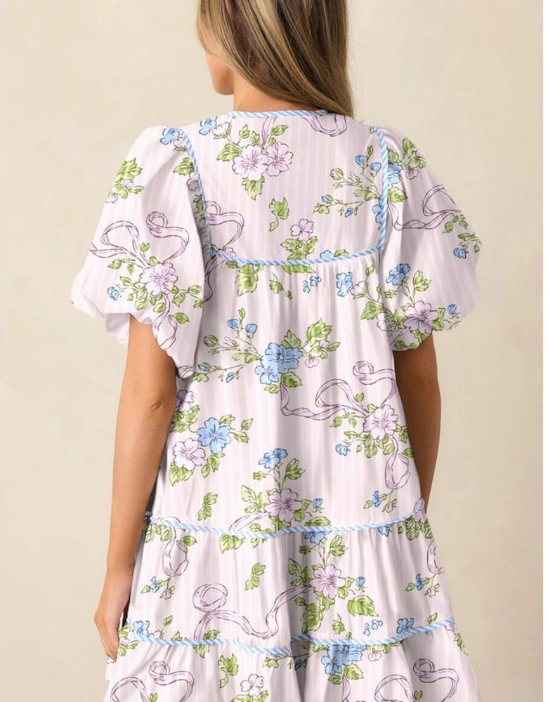 Pink Floral Striped Print Contrast Trim Tie Split Neck Mini Dress