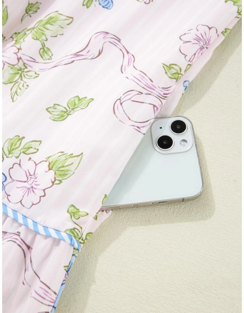 Pink Floral Striped Print Contrast Trim Tie Split Neck Mini Dress