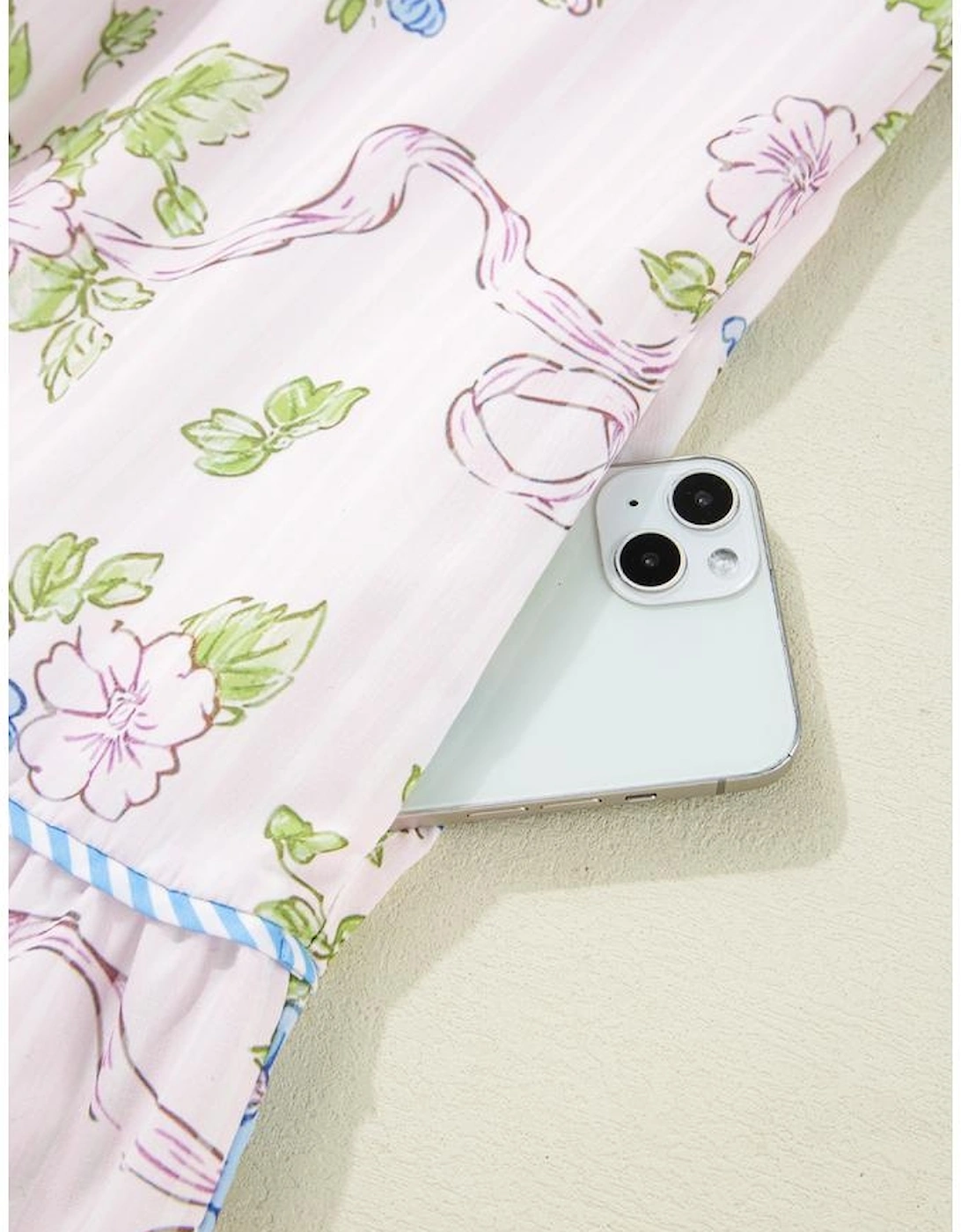 Pink Floral Striped Print Contrast Trim Tie Split Neck Mini Dress