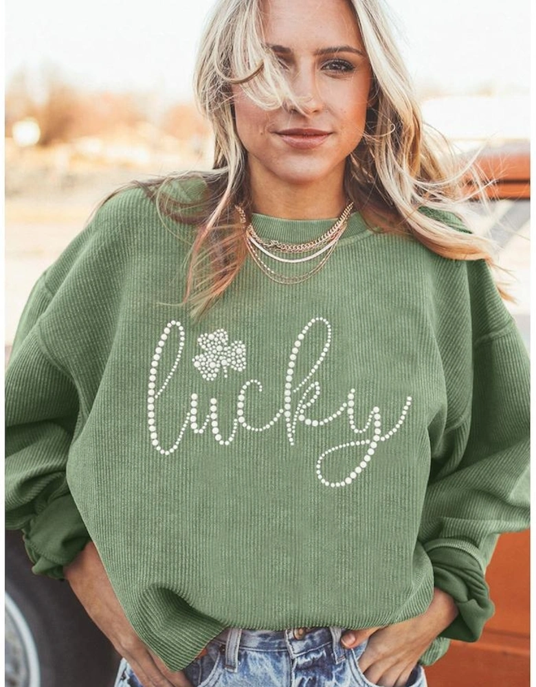 Grass Green Rhinestone lucky Clover Graphic Ribbed St Patrick Sweatshirt