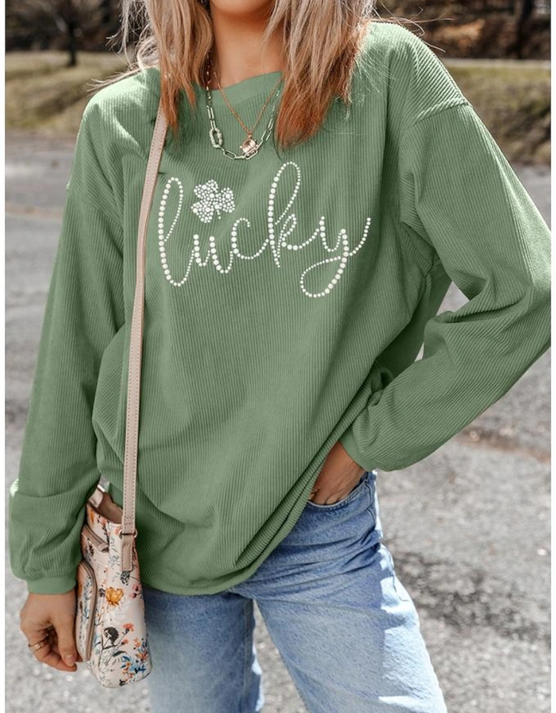 Grass Green Rhinestone lucky Clover Graphic Ribbed St Patrick Sweatshirt