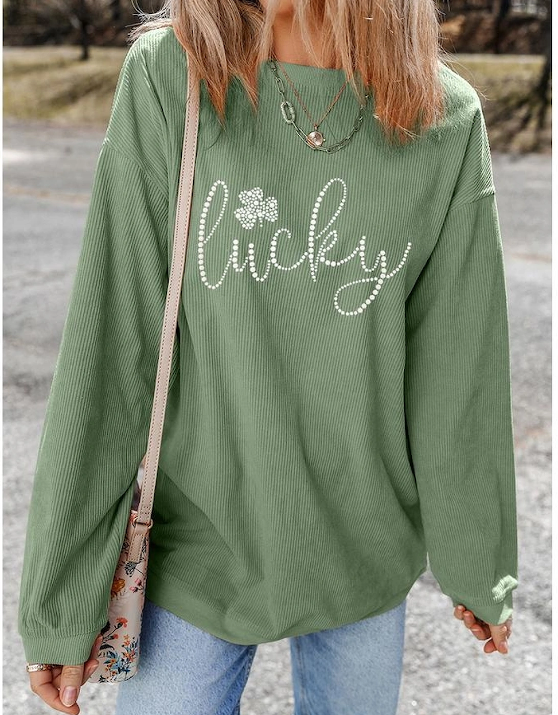 Grass Green Rhinestone lucky Clover Graphic Ribbed St Patrick Sweatshirt