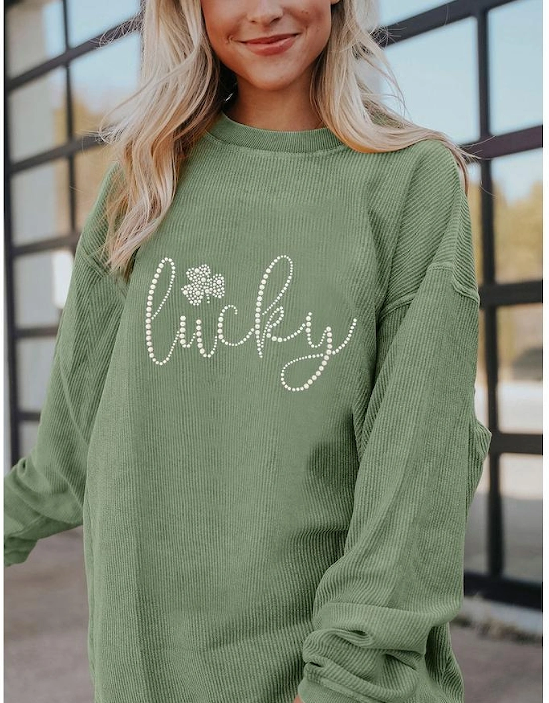 Grass Green Rhinestone lucky Clover Graphic Ribbed St Patrick Sweatshirt