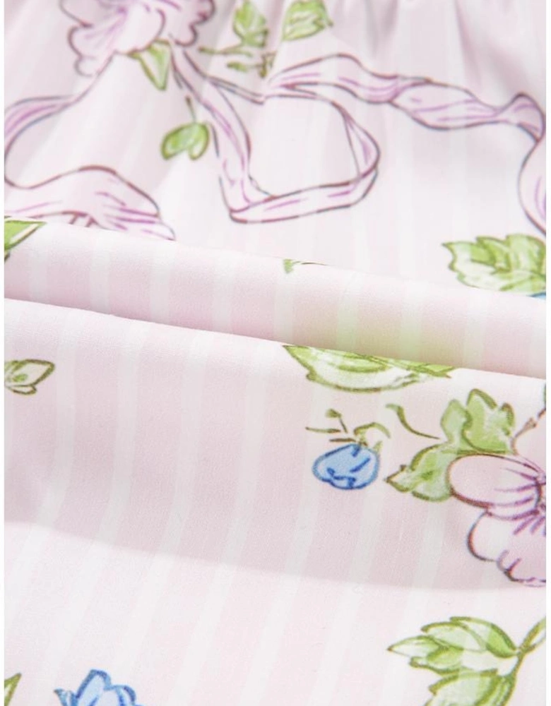 Pink Floral Striped Print Contrast Trim Tie Split Neck Mini Dress