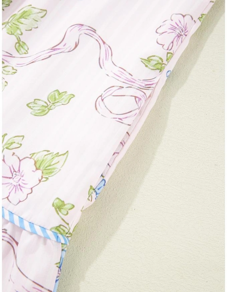 Pink Floral Striped Print Contrast Trim Tie Split Neck Mini Dress