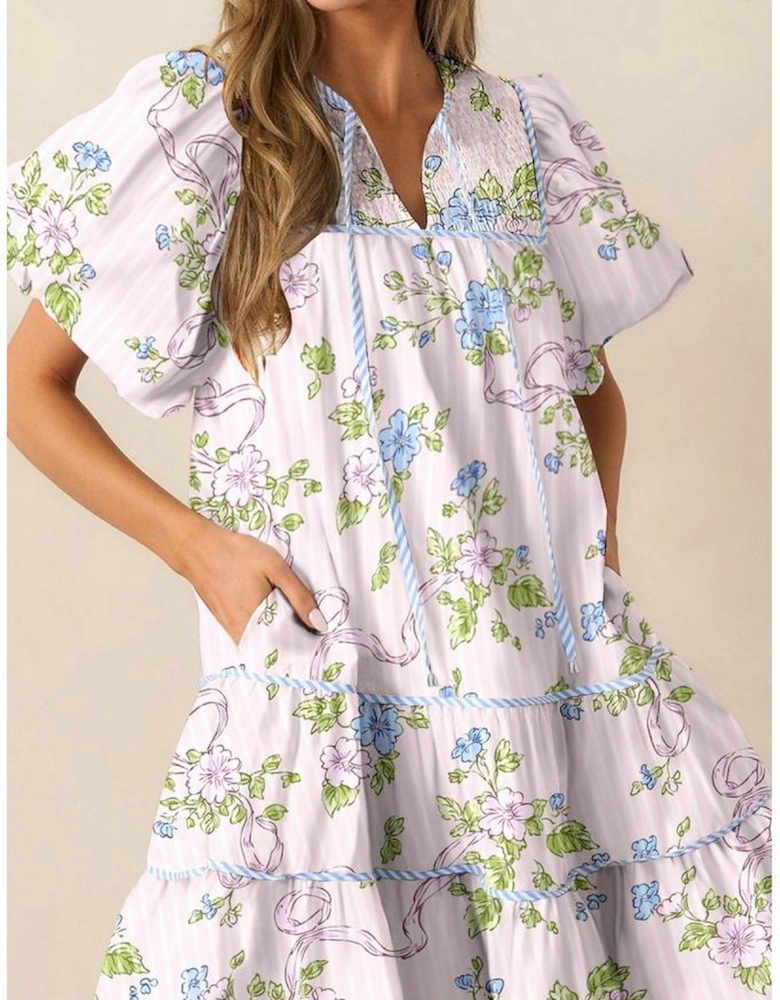 Pink Floral Striped Print Contrast Trim Tie Split Neck Mini Dress