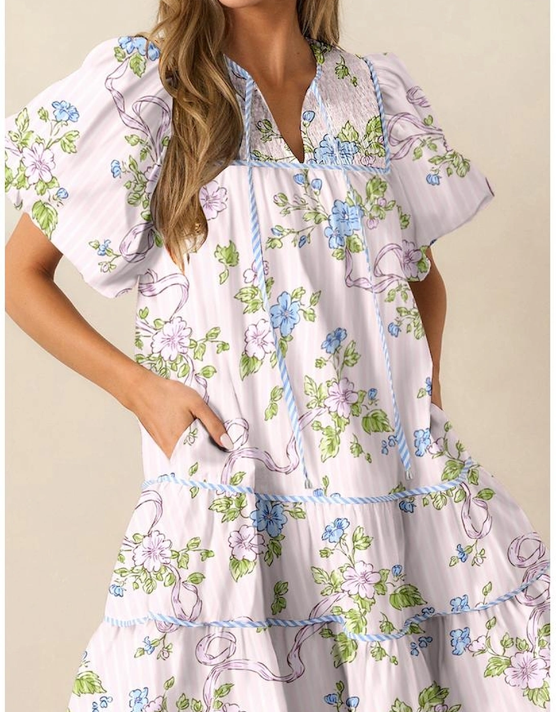 Pink Floral Striped Print Contrast Trim Tie Split Neck Mini Dress