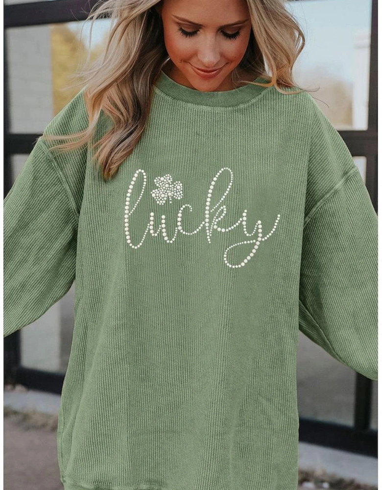Grass Green Rhinestone lucky Clover Graphic Ribbed St Patrick Sweatshirt