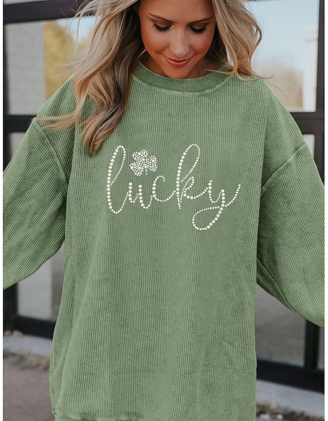 Grass Green Rhinestone lucky Clover Graphic Ribbed St Patrick Sweatshirt