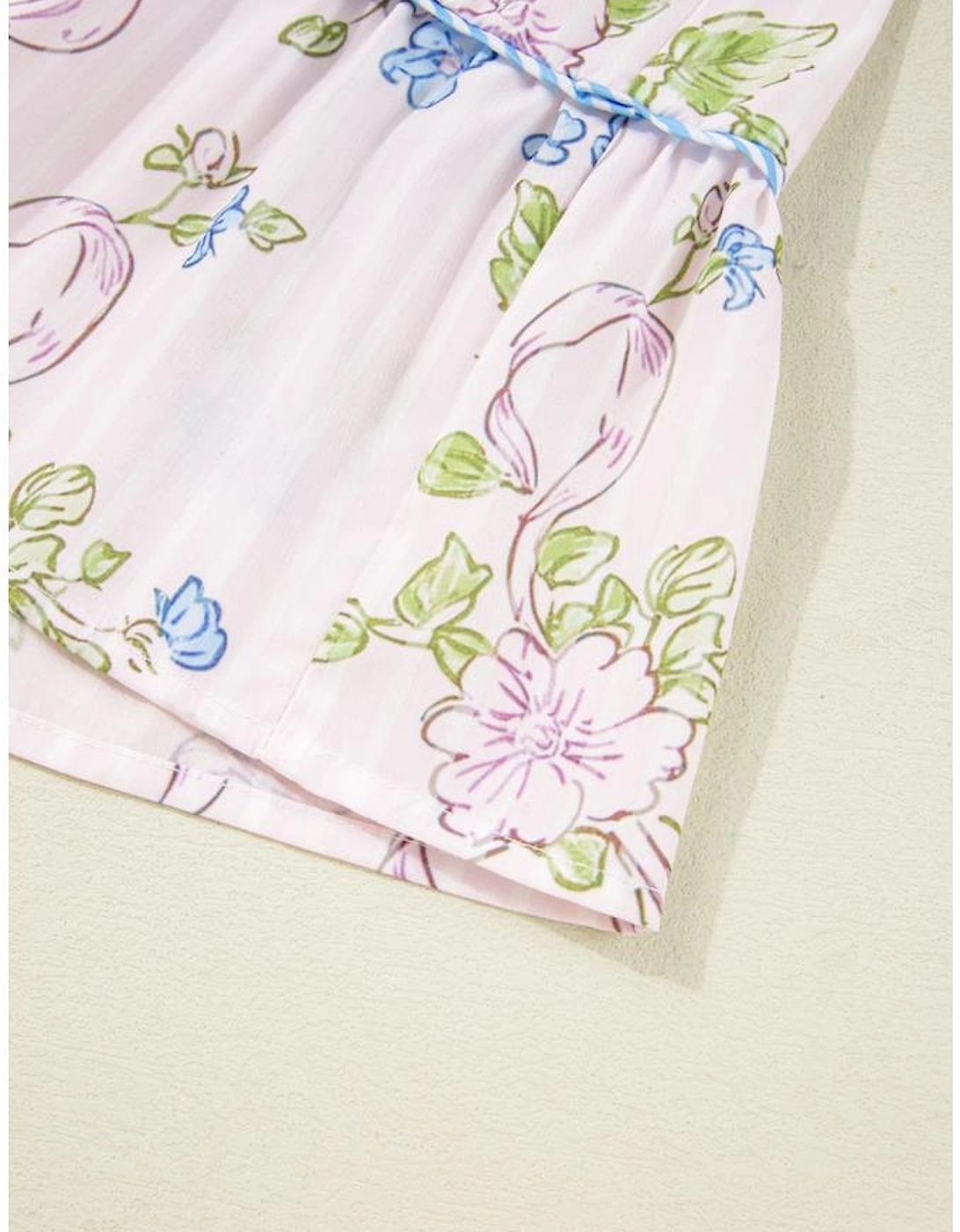 Pink Floral Striped Print Contrast Trim Tie Split Neck Mini Dress