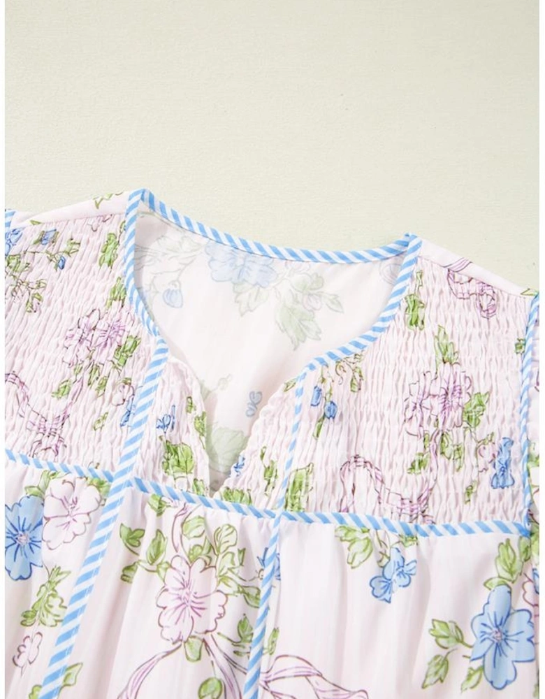 Pink Floral Striped Print Contrast Trim Tie Split Neck Mini Dress