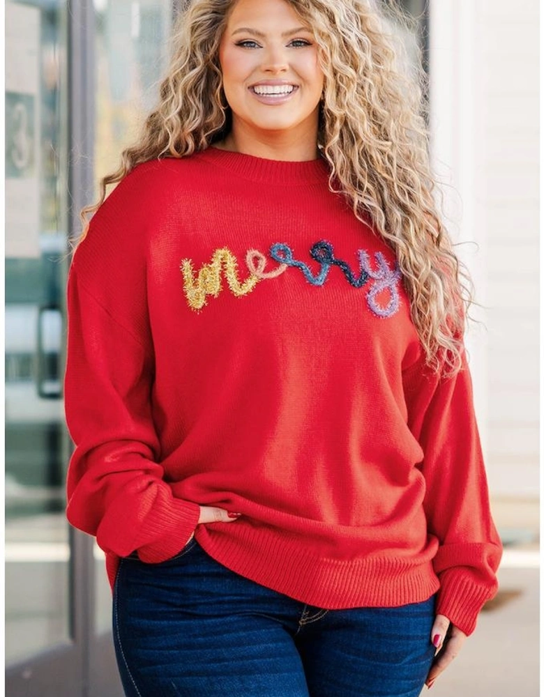 Fiery Red Tinsel merry Pattern Drop Shoulder Plus Size Sweater