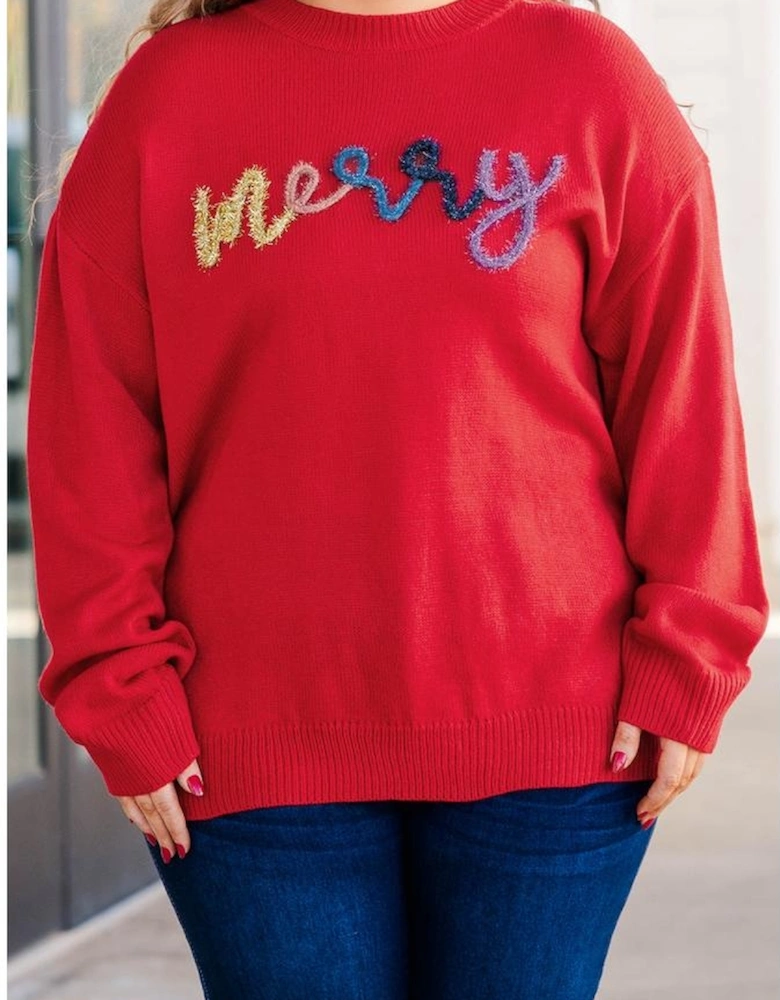Fiery Red Tinsel merry Pattern Drop Shoulder Plus Size Sweater