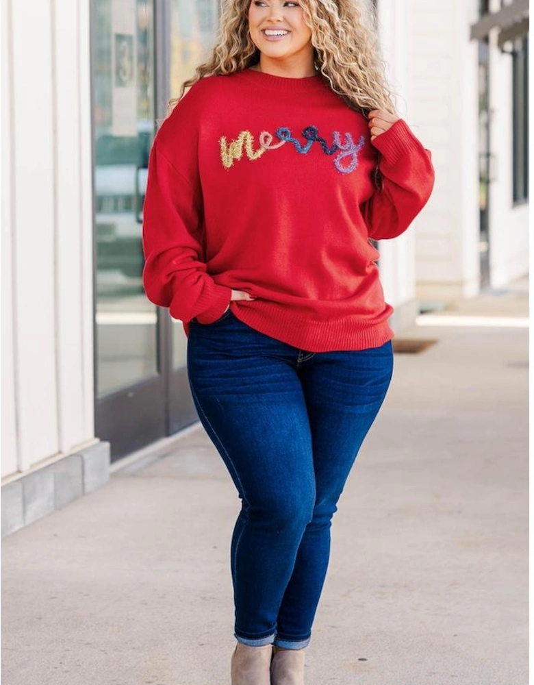 Fiery Red Tinsel merry Pattern Drop Shoulder Plus Size Sweater
