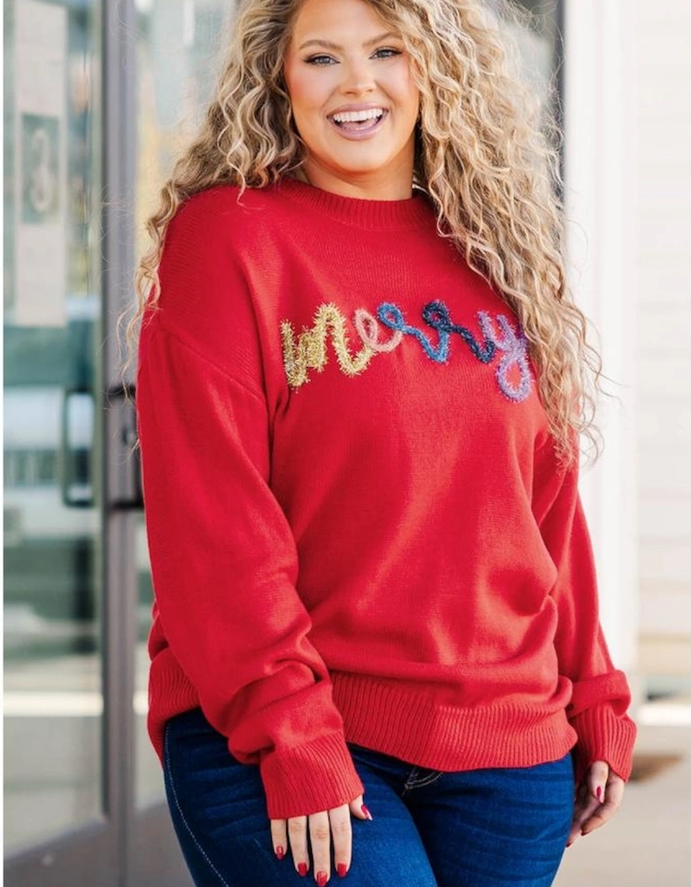 Fiery Red Tinsel merry Pattern Drop Shoulder Plus Size Sweater