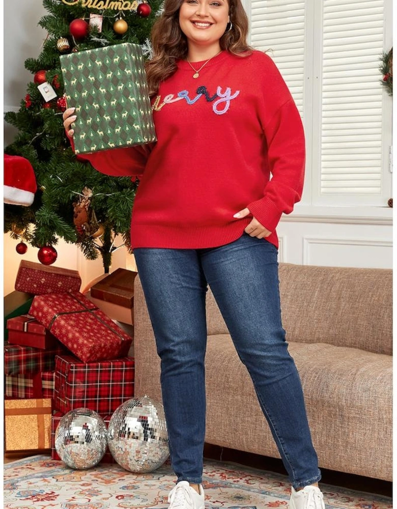 Fiery Red Tinsel merry Pattern Drop Shoulder Plus Size Sweater