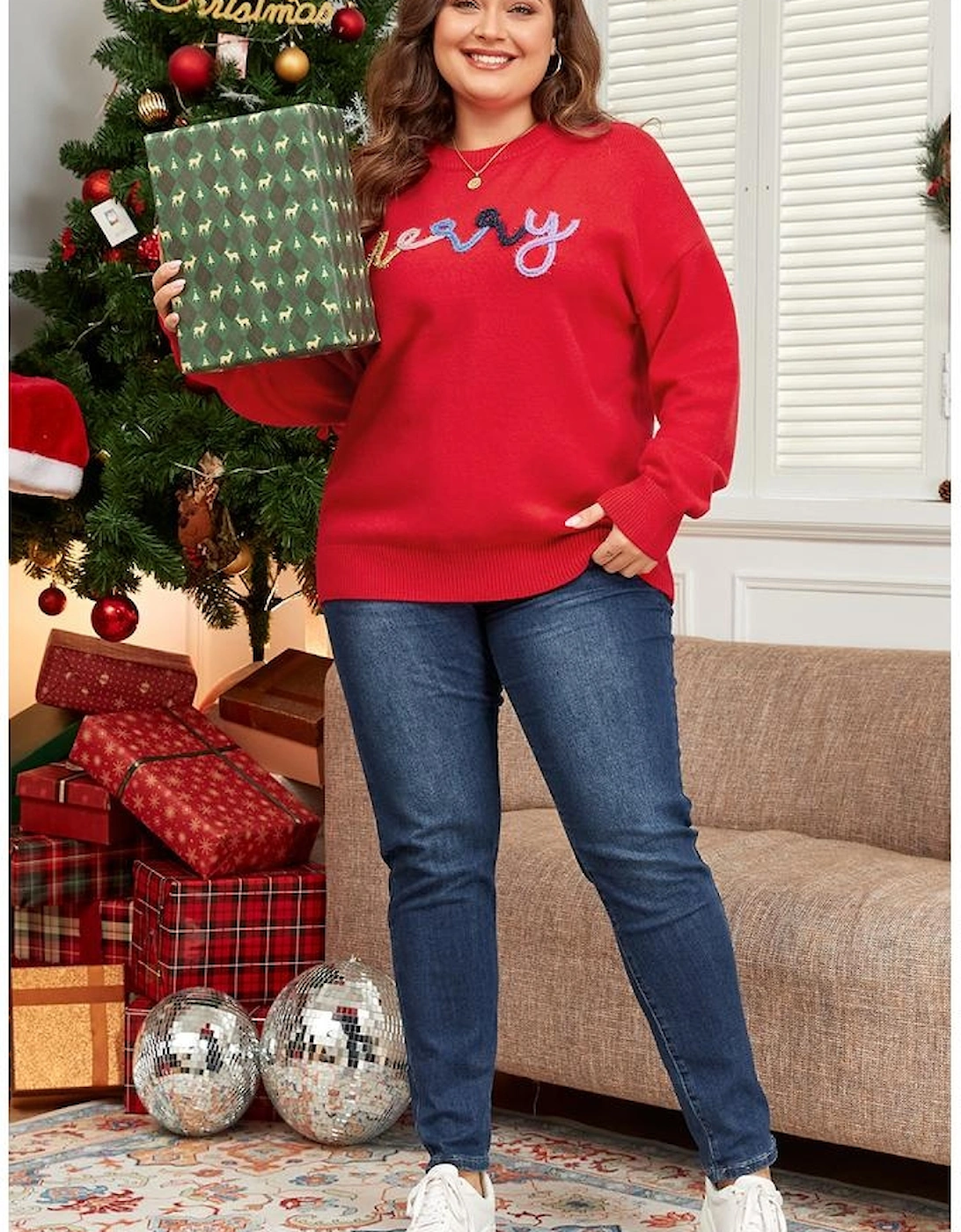 Fiery Red Tinsel merry Pattern Drop Shoulder Plus Size Sweater