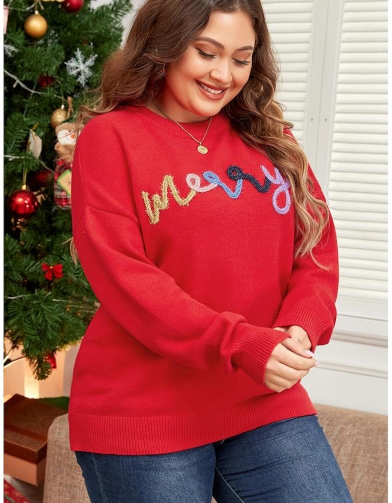 Fiery Red Tinsel merry Pattern Drop Shoulder Plus Size Sweater