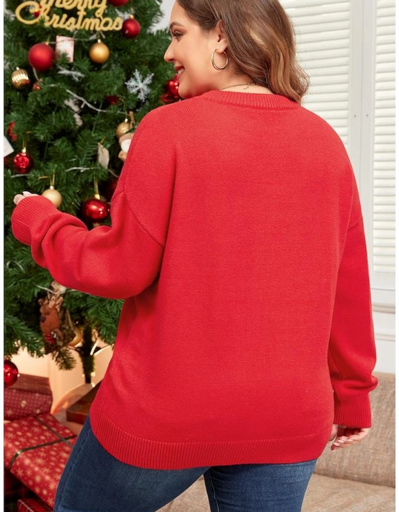 Fiery Red Tinsel merry Pattern Drop Shoulder Plus Size Sweater