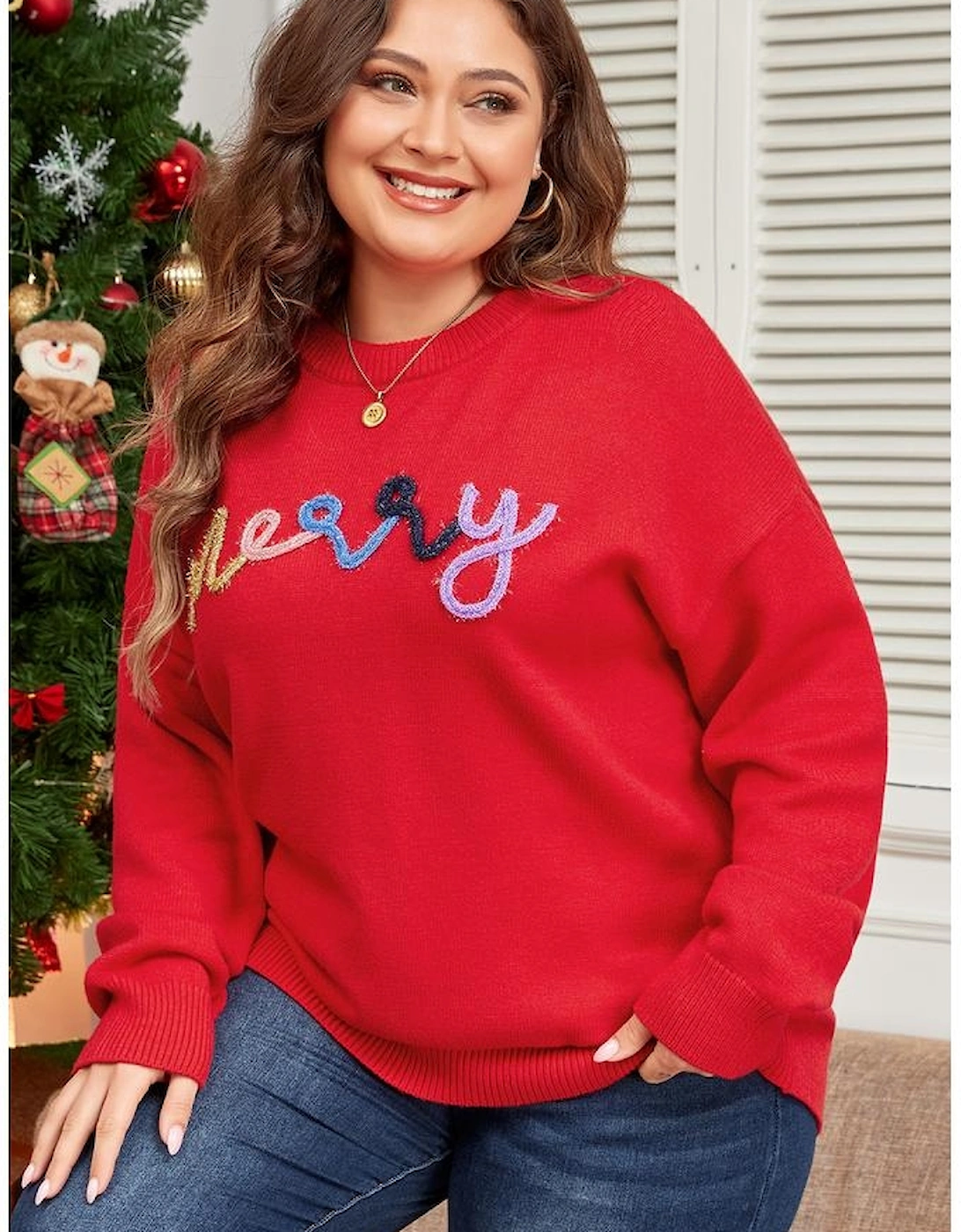 Fiery Red Tinsel merry Pattern Drop Shoulder Plus Size Sweater
