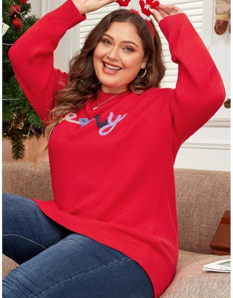 Fiery Red Tinsel merry Pattern Drop Shoulder Plus Size Sweater